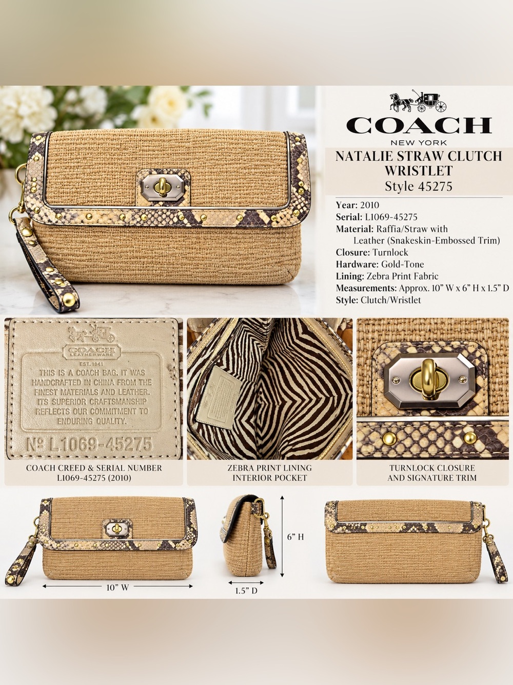 Coach Natalie Straw Raffia Clutch Wristlet 45275 Studded Turnlock 2010